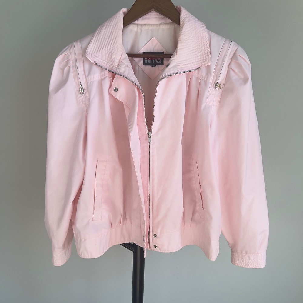 Vintage New York Girl Bomber Jacket Pastel Pink Puff Sleeve 80s Retro Large